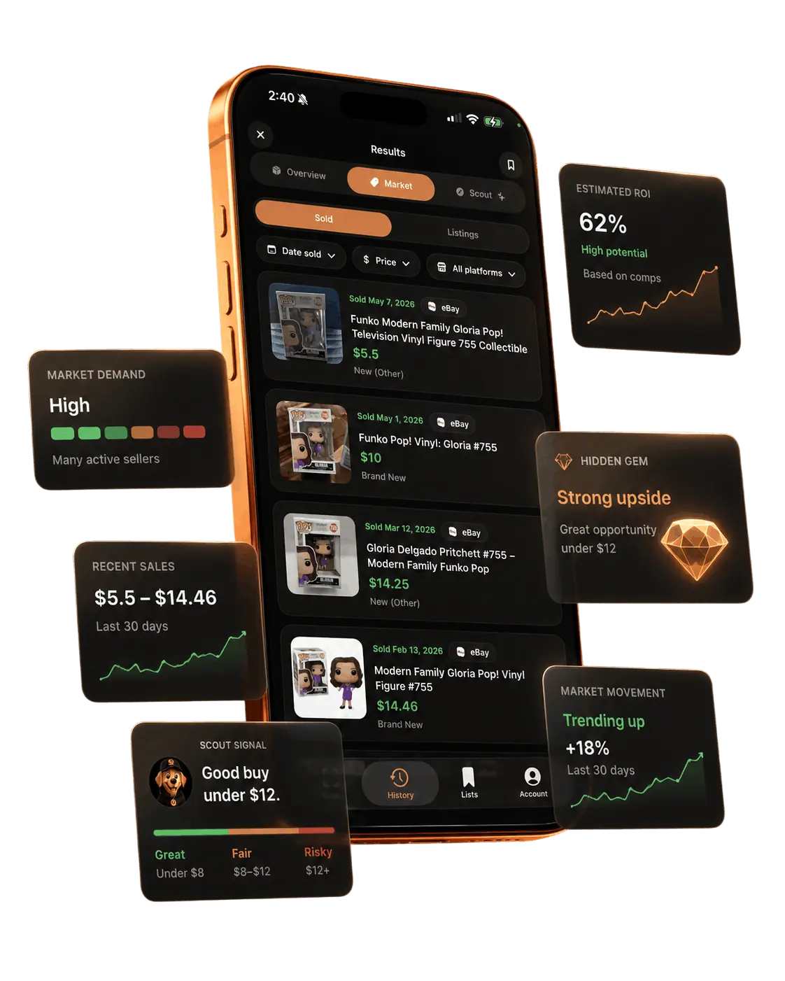 Scouted iOS app market results and resale insight cards